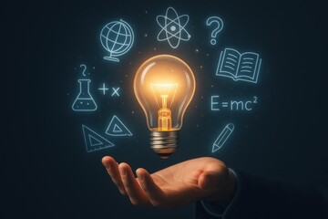 Hand holding a glowing light bulb surrounded by scientific symbols, representing creativity, knowledge, and the pursuit of learning in education and innovation.