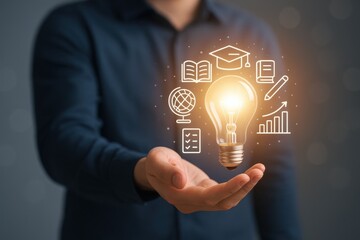 Innovative idea represented by a glowing light bulb in a man's hand, symbolizing education, growth, and inspiration in a modern learning environment.