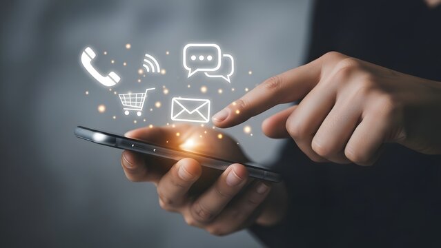 Person interacting with mobile phone and digital communication icons - Powered by Adobe