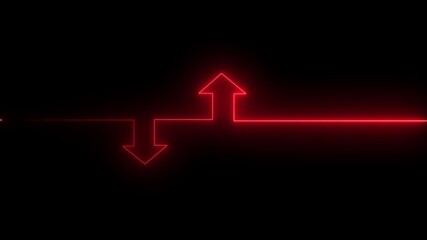 A minimalist abstract representation of a horizontal red neon line with two opposing arrows branching upwards and downwards against a stark black background symbolizing choice and direction in a - Powered by Adobe