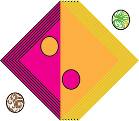 Diamond shape with pink and orange halves, black and yellow striped borders, and circular
