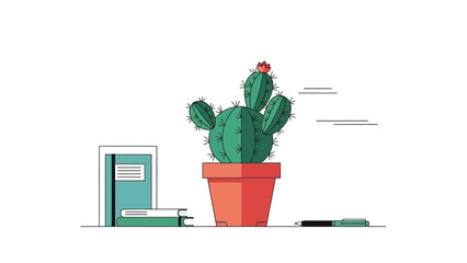 Minimalist desk setup with cactus plant and office supplies on white background.
