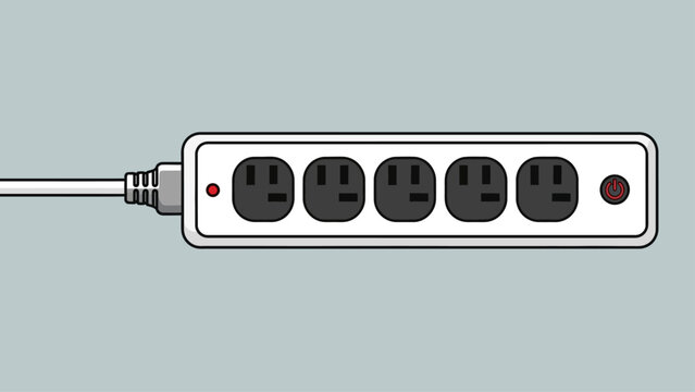 Illustration of a power strip with multiple electrical outlets and a power switch.
