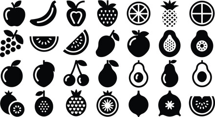 Black fruit icon set collection, flat silhouette food symbols, apple banana orange pineapple avocado berry citrus healthy organic vector illustration © Shami's World