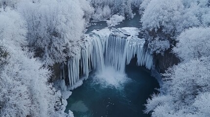 Frozen waterfall surrounded by frosted trees .