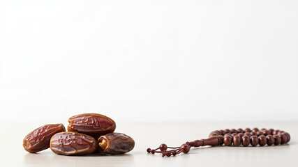 Naklejka premium Dates and prayer beads arranged on neutral background 
