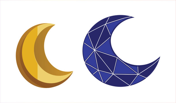 Two crescent moons, one golden and smooth, the other blue and geometric, on white background