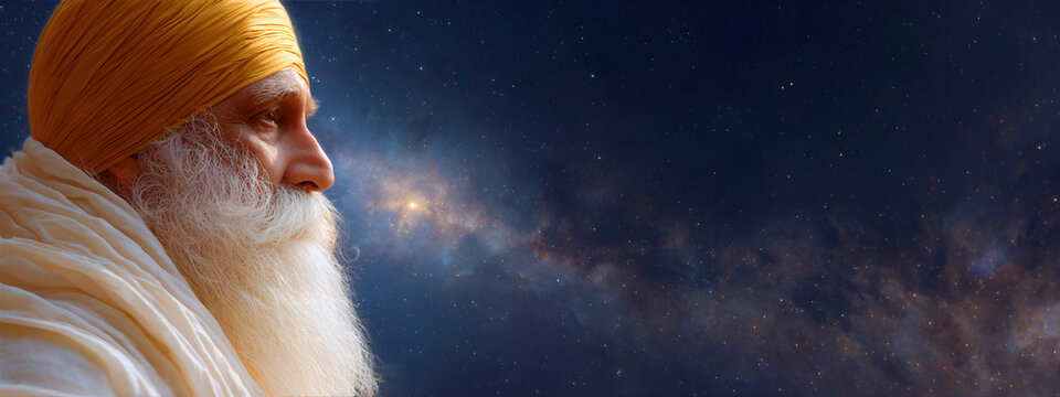 Elder sikh man with turban and beard looking at sparkling galaxy. Guru Nanak birthday. Founder of Sikhism concept for spiritual awakening and wisdom.