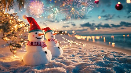 New Year's Eve celebration on beach, fireworks, sand snowmen, festive decorations .