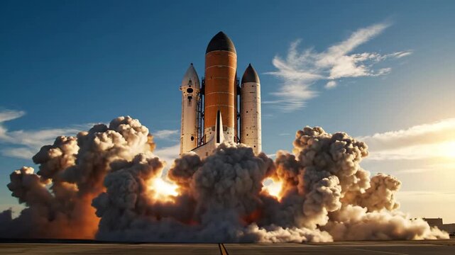 Space shuttle launching into the sky with a large explosion of smoke and fire.