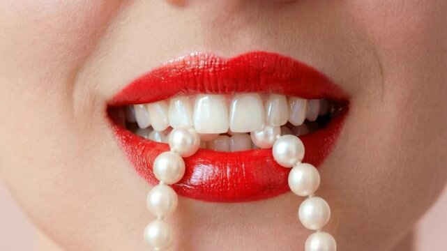 Extreme close up of a woman's mouth with bright red lipstick and perfect white teeth gently biting a luxurious string of pearls, showing a concept of seduction, wealth, and desire