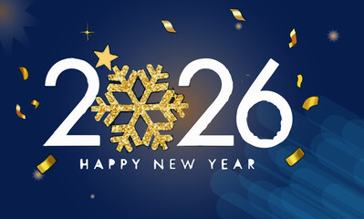 Happy new year 2026 winter holiday greeting card illustration with snow, stars, and decoration vector design for Christmas celebration.