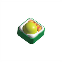 3D rendered isometric cube with green border containing yellow sphere and orange oval