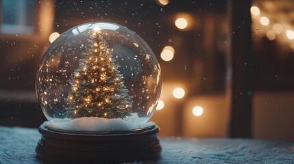 Shiny Christmas tree inside a snow globe, sparkling lights, soft snow falling, magical winter scene .