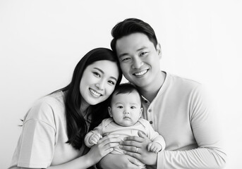 Happy young family portrait with baby in black and white