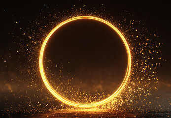 Golden ring, circle, light line effect light flare with glowing particles isolated on dark background for lights effects