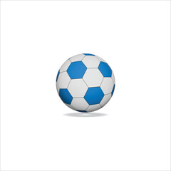 Classic soccer ball with blue and white hexagonal panels casting a subtle shadow on white