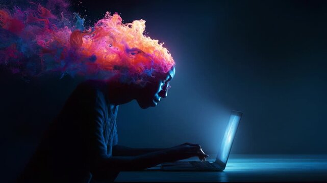A creatively visualized representation of a person immersed in their thoughts, where vibrant colors and energy emanate from their head while interacting with a laptop, showcasing the intersection of