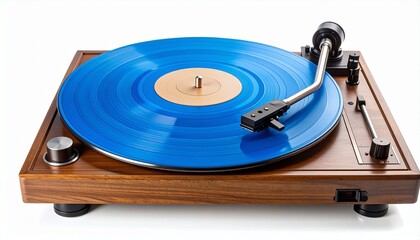 Turntable with blue vinyl on wood base and black tonearm.