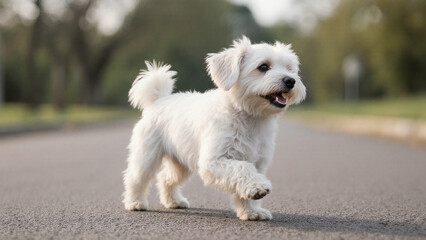  Happy playful puppy running on road