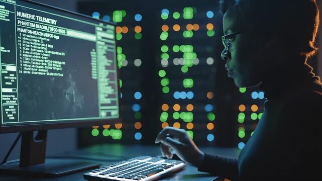 Woman programs computer with code on monitor in dark room. Developer types on keyboard viewing data. Woman coder works with programming code. Server lights blink behind programmer at computer.
