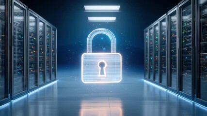 Secure data server rack aisle lock hologram glowing protecting data security and privacy protection - Powered by Adobe