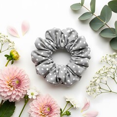 Polka dot scrunchie surrounded by flowers