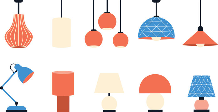 Modern lamps and lighting fixtures vector set with pendant and table lamps in flat style
