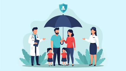 A family stands safely under a large umbrella and shield, supported by a doctor and officer who represent comprehensive health and security protection © Skyframe