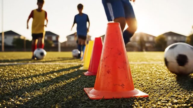 Children playing soccer on green field with orange cones