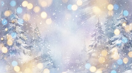 Soft focus winter forest with pastel bokeh lights and falling snow trees pine trees