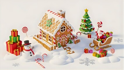 Whimsical Christmas scene with gingerbread house and Santa's sleigh