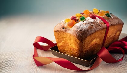Sweet Bread Loaf Cake With Candied Fruit And Ribbon