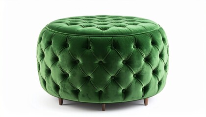 Luxurious green velvet ottoman with tufted texture and gold caster wheels.