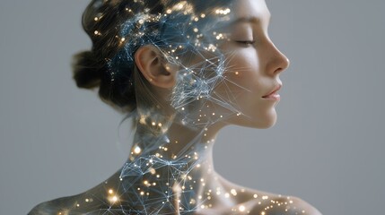 A double exposure of a human silhouette blended with a complex network of servers and glowing data lines, symbolizing cloud computing, cybersecurity, and digital infrastructure. cinematic color