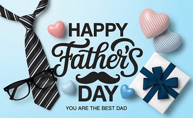 Happy fathers day celebration with gifts and hearts on light blue background