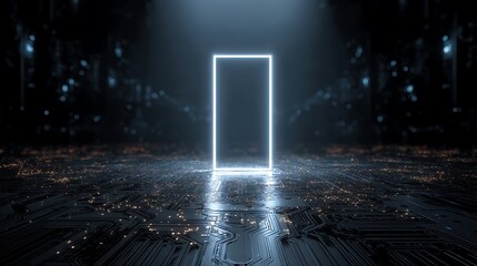 Neon Light Portal: A luminous rectangular portal bathed in an ethereal glow, stands as a gateway into a realm of futuristic design and technological wonder, beckoning with both mystery and innovation.
