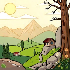 A quaint village with small houses nestled among rolling green hills and mountains under a bright sun