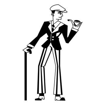 20s art deco man cane pipe monocolor character