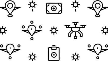 Obraz premium Black and white pattern featuring airplanes, drones, suns, and medical symbols in a seamless layout