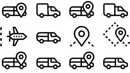 Black outline icons showing transportation vehicles and location pins on a white background in a grid format