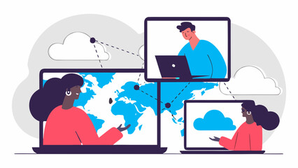 People connecting globally through laptops showing world map and cloud computing illustrations online now at work