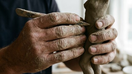 Obraz premium Close Up of Dirty Hands Sculpting Clay Figure with Wooden Tool