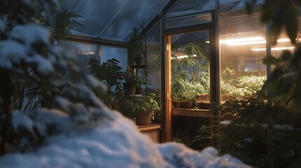 A winter greenhouse glowing at dusk in subzero temperatures, hydroponic crops thriving under LED grow lights while snow accumulates silently outside. cinematic color correction, natural uneven