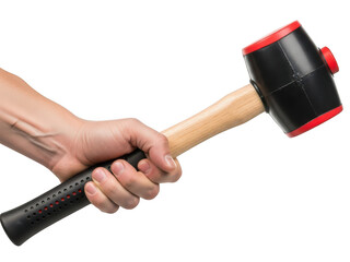 A hand firmly gripping a black and red rubber mallet against a black background