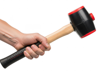 A hand firmly gripping a black and red rubber mallet against a black background