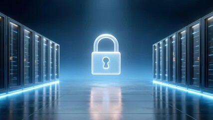 Secure data center glowing lock padlock icon protecting data security servers rack network cloud - Powered by Adobe