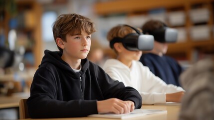 A classroom using virtual reality headsets to explore historical sites, merging immersive technology with experiential education. cinematic color correction, natural uneven lighting yet gentle