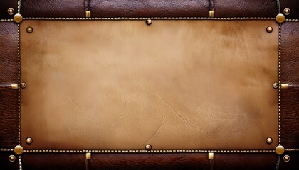 A Vintage Background Featuring A Blank Aged Parchment Center Framed By Stitched Dark Brown Leather With Brass Corner Rivets