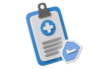 Obraz premium 3d medical clipboard shield icon. data security concept. minimal cartoon patient record verification protection for health app ui. isolated on white transparent background. 3d render.